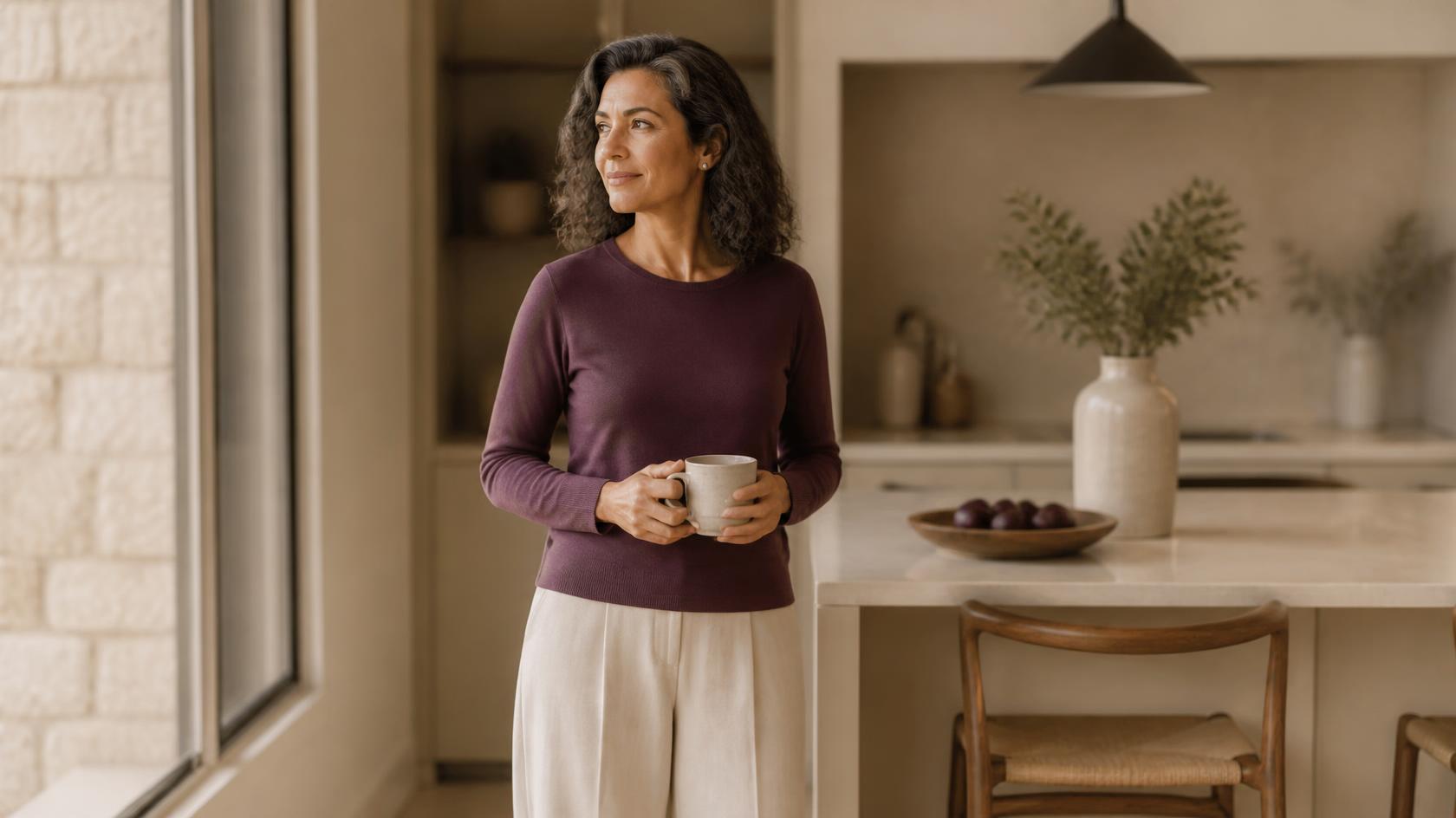 A woman standing at a kitchen counter at home, holding a mug and looking out of the window.