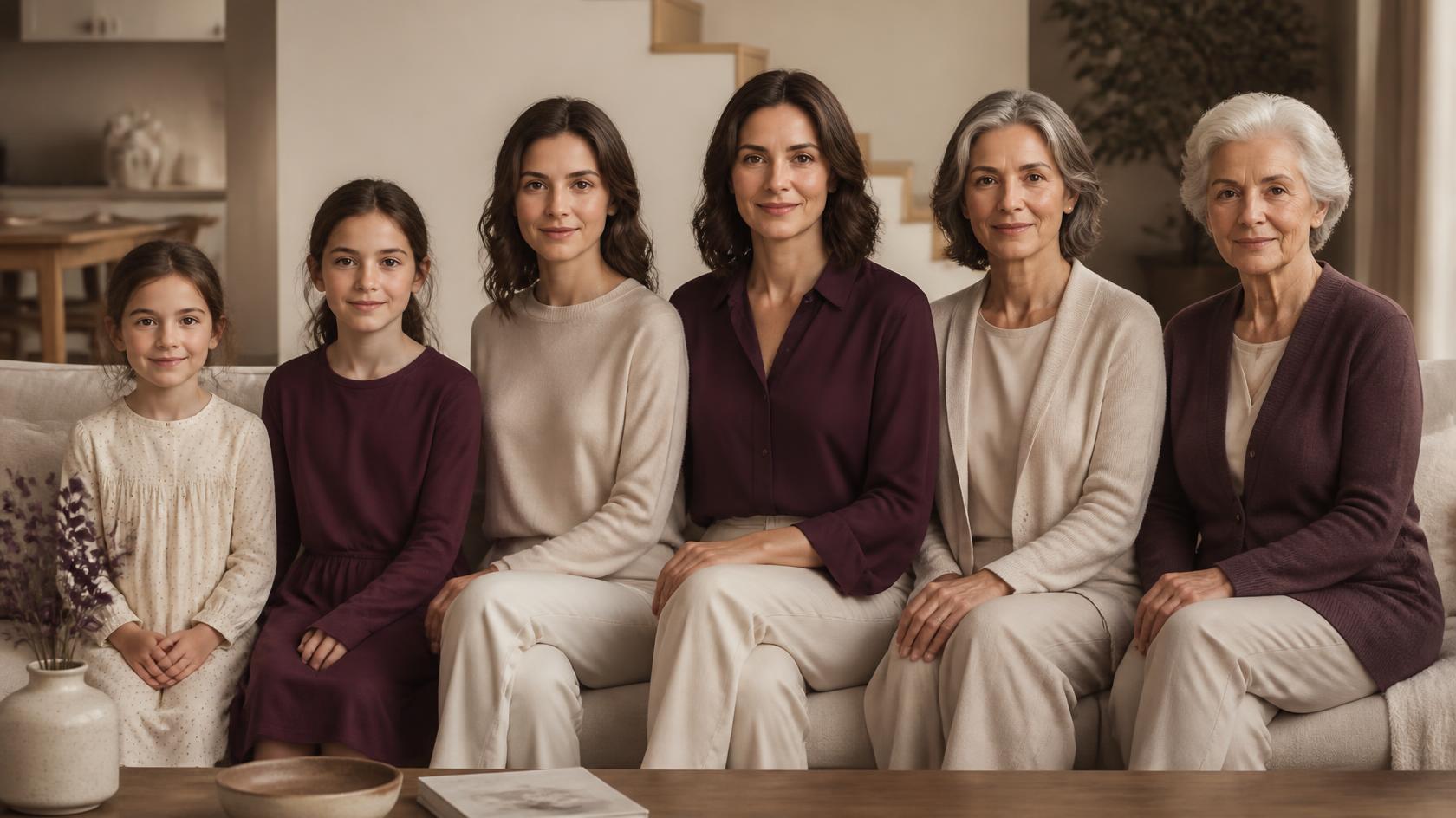 Three generations of women and two young girls sitting together on a sofa at home.