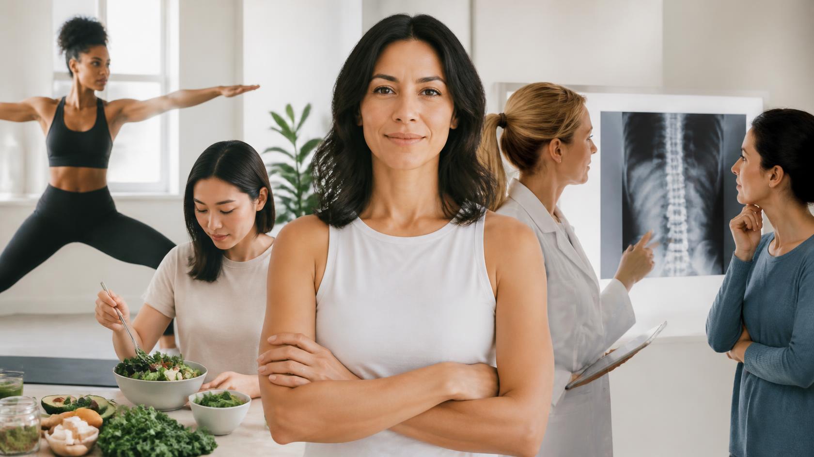A woman standing with her arms folded; behind her, others exercising, eating, and reviewing a spine scan with a clinician.