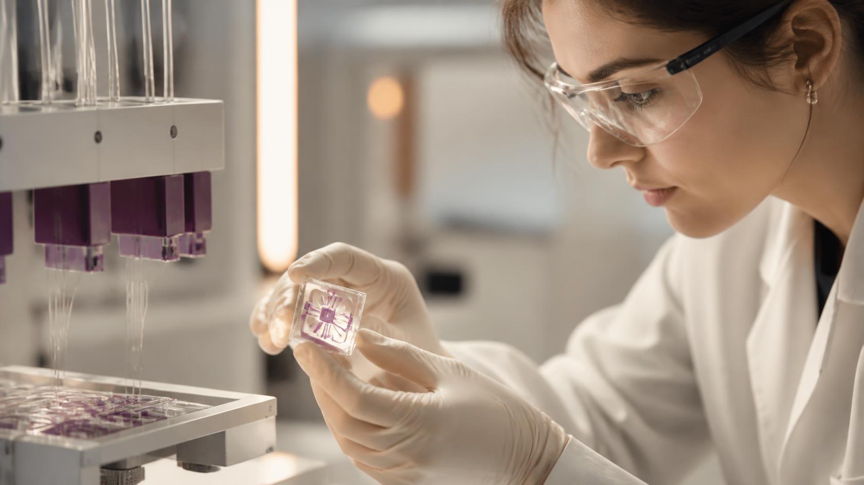 A researcher holding a small transparent biosensor chip in a laboratory.