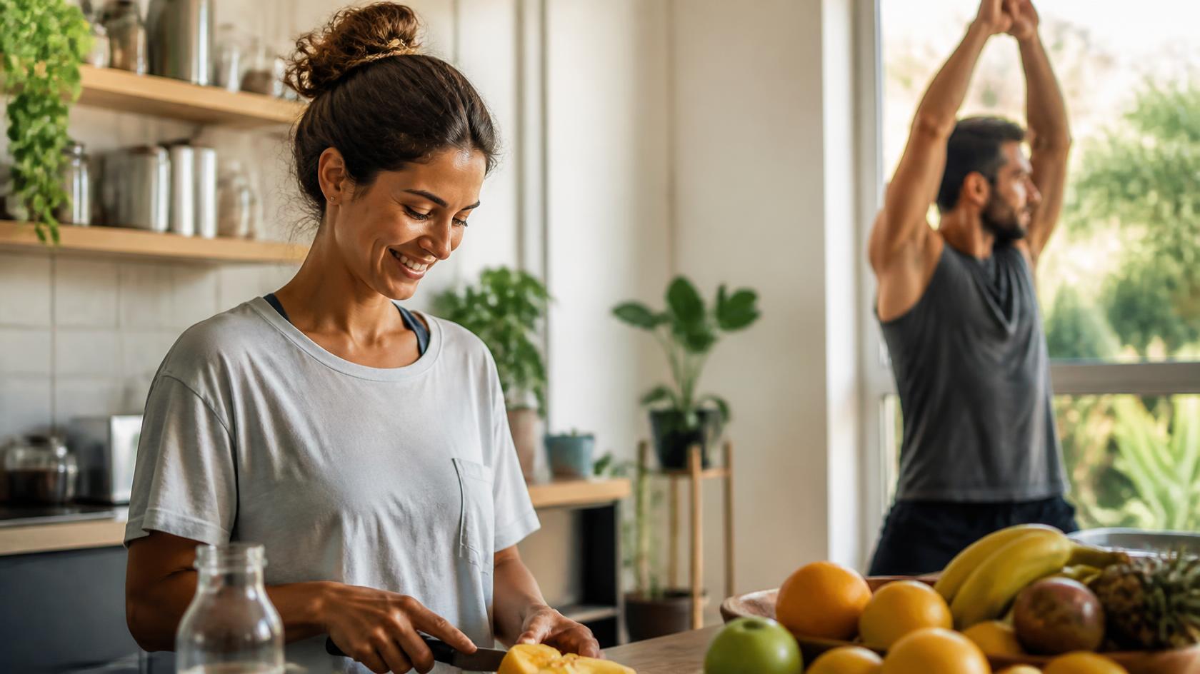 A woman preparing fresh fruit in a sunlit kitchen while someone stretches by the window behind her.