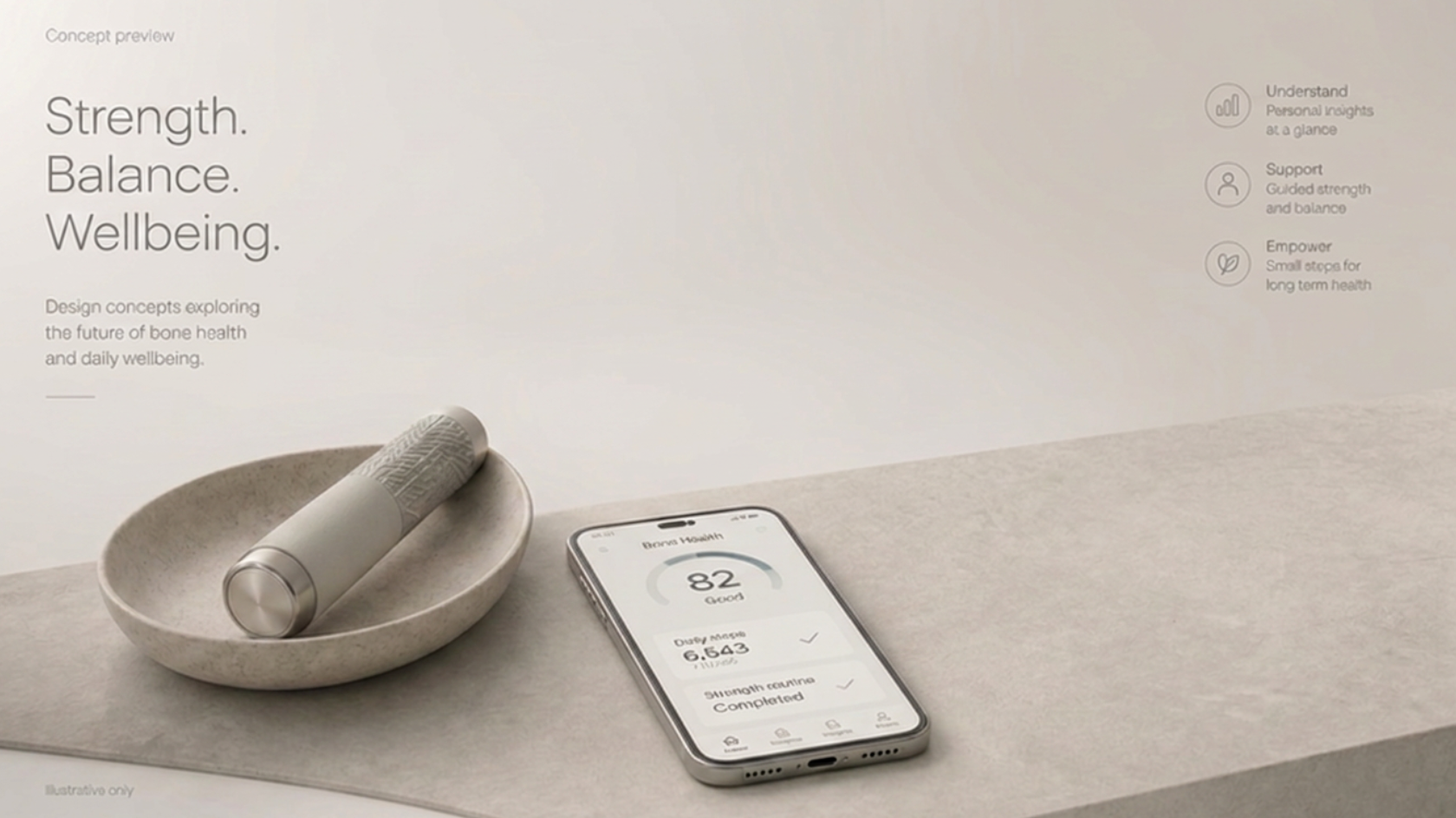 Concept preview: a slim cylindrical device resting in a dish beside a phone showing a bone health score.