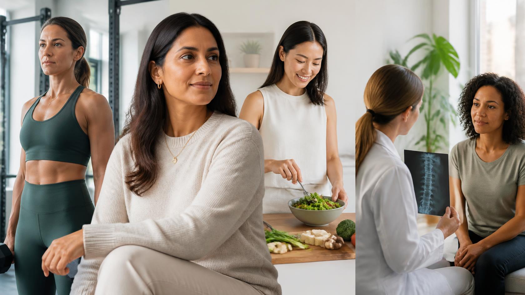 Four women: one training with weights, one at rest, one preparing a salad, and one reviewing a scan with a clinician.