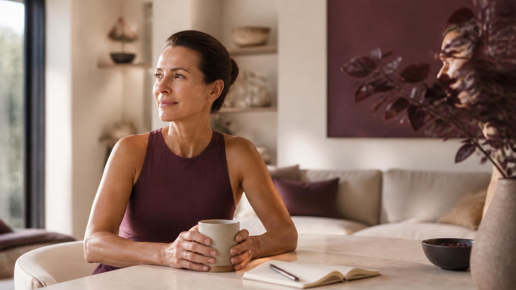 A woman sitting at a table at home with a mug and an open notebook.