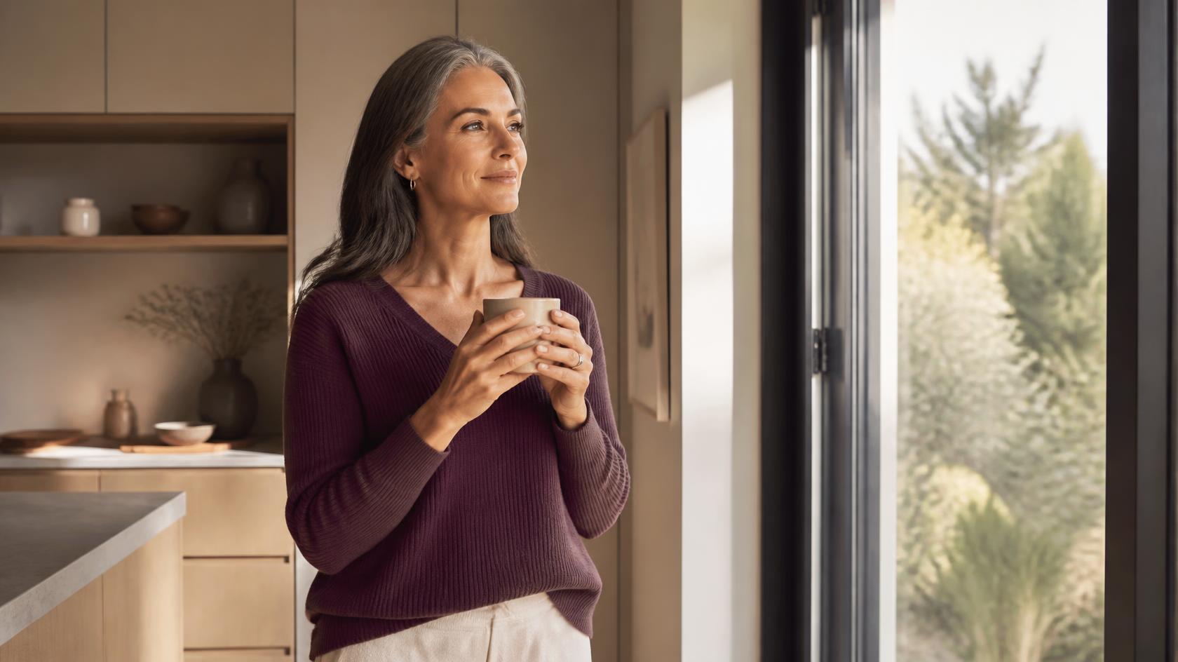 A woman in midlife holding a mug, looking out of a window at home.